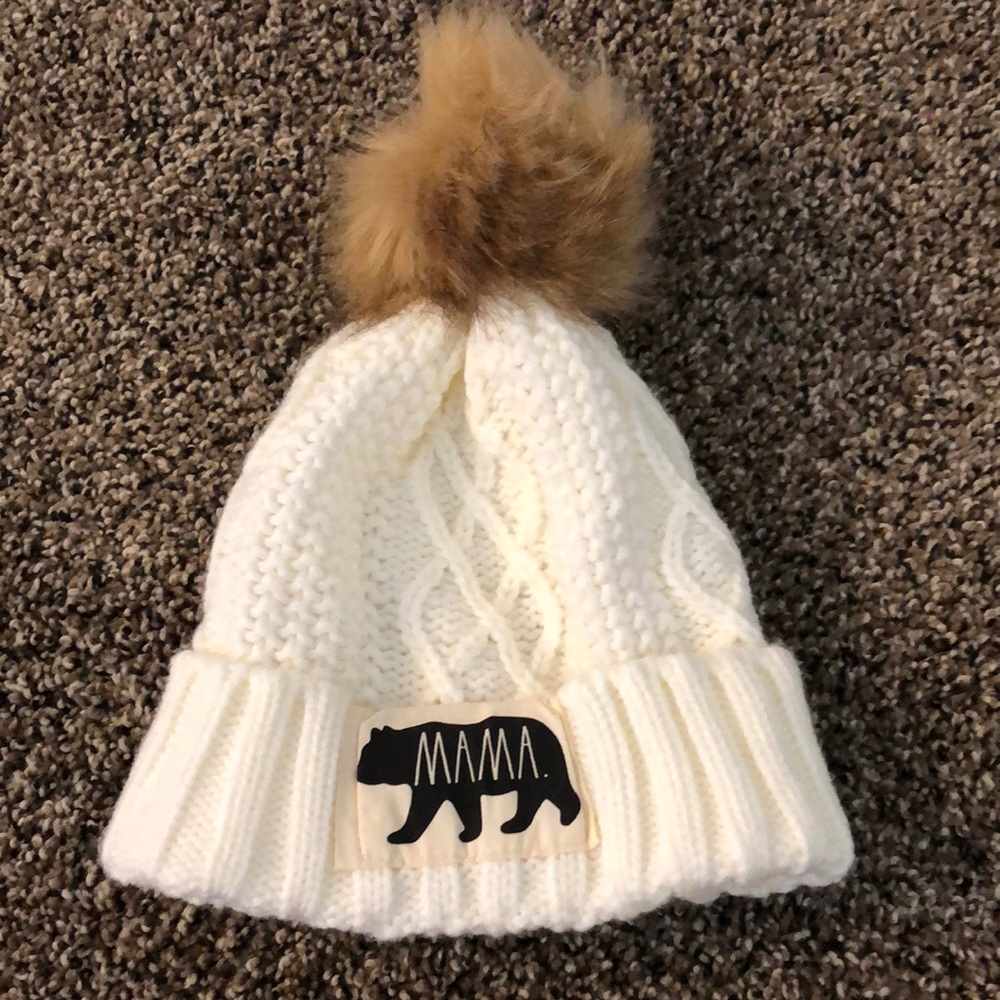 Rae Dunn White Knit Beanie with Brown Pom